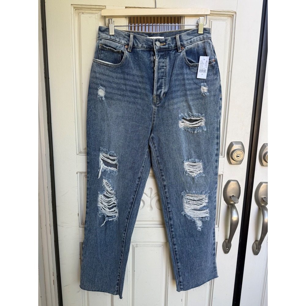 PacSun High Rise Straight Leg Distressed Jeans Aries Blue Button Fly Size 29